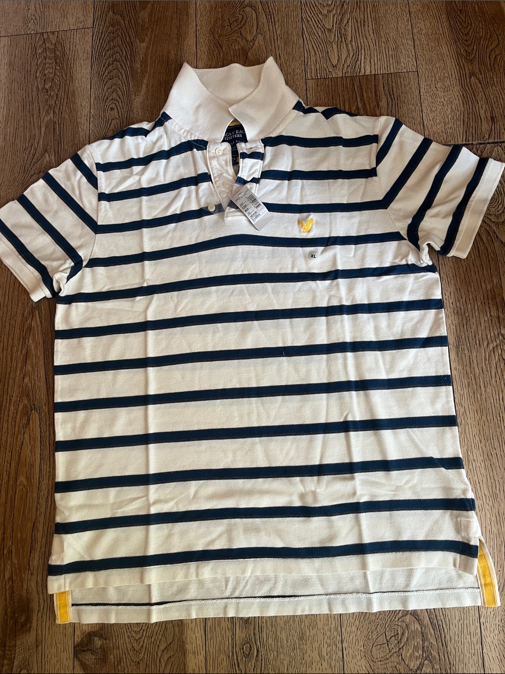American Eagle Outfitters White Polo with Navy Stripes and Yellow Logo